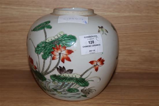 A 19th century Chinese famille verte jar, a shou medallion pot, a damaged teapot and a pedestal dish